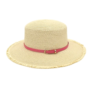Boater Hat Flat Top Straw Sun Hat With Fringed Brim Leather Belt Buckle For Summer Outdoor Beach Women