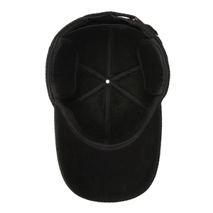 Winter thermal baseball cap with ear flaps and fleece lining in black corduroy
