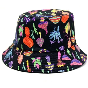 Close-up of colorful fluorescent mushroom patterns on a black bucket sun hat