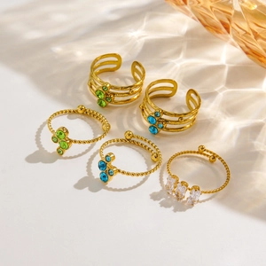 Luxury 14K gold-plated stainless steel open rings set with colorful zircon stones