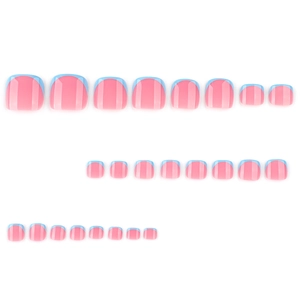 Pink and blue French tip press-on toenails kit with 24 pieces in various sizes