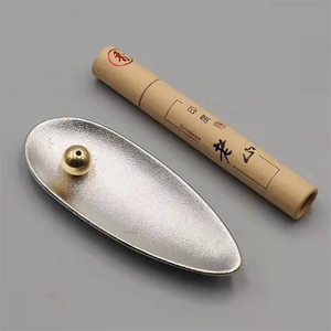 Japanese zen incense burner set with silver boat tray and wooden sandalwood tube