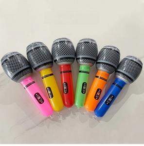 Set of six colorful 35cm inflatable microphones in pink yellow red and blue colors