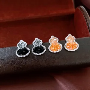 Gourd Stud Earrings With Silver Earring Post Copper Zircon Glass Inlay Vintage New Chinese Style Jewelry For Women