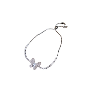 Adjustable silver butterfly bracelet featuring cubic zirconia pavé and slide clasp