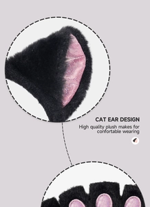 Detail of plush cat ears and paws with black faux fur and shiny pink inner fabric