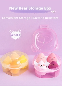 Detail of 4-piece makeup sponge set in bear-shaped storage case with cute emoji prints