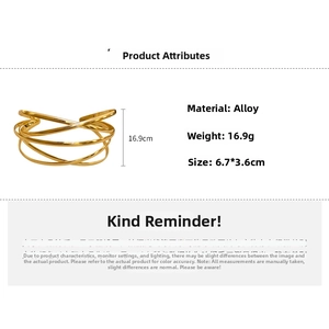 Detail specifications of golden layered cross open cuff bracelet showing weight and size