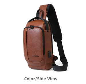 Detailed side view of brown PU leather sling bag with USB port and fashion logo