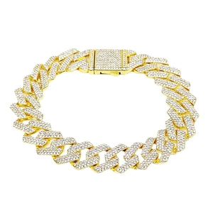 Iced out 20mm gold Cuban link bracelet with three rows of rhinestones and a safety clasp