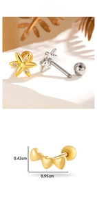 Detailed view of titanium steel floral and heart studs with screw ball backings