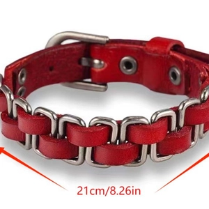 Vintage red braided leather bracelet with silver buckle and 21cm length for men and women