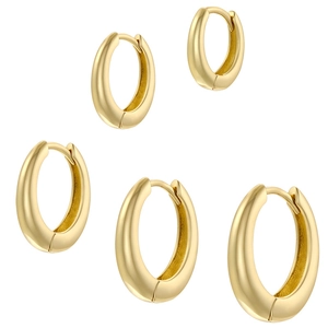 Detail showcasing five different sizes of minimalist thick gold-plated hoop earrings