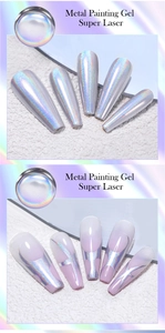 Macro view of Super Laser metal painting gel for silver holographic nail art detailing