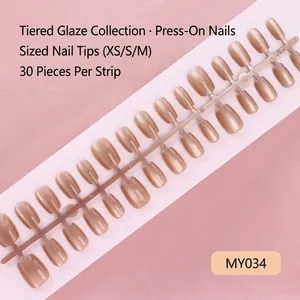 Cat eye press-on nails in soft champagne pink color with glossy resin finish 30pcs