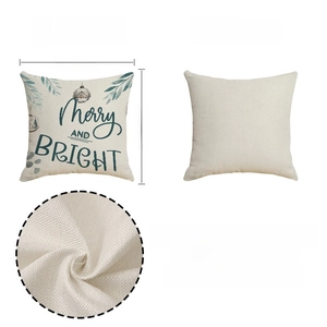 Detailed views of linen Christmas pillow case with blue tree print and fabric texture