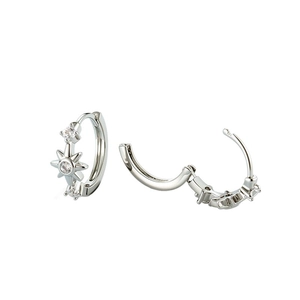 Silver starburst hoop earrings with sparkling zircon crystals in a minimalist design