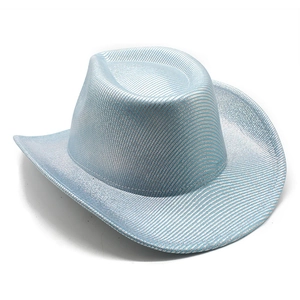 Detail of light blue western cowboy hat with glossy laser silver glitter stripes