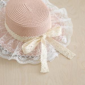 Pink straw sun hat with white lace trim and bow for women and kids outdoor shading