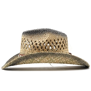 Detail of straw cowboy hat featuring brown leather band, silver rivets and breathable hollow weave
