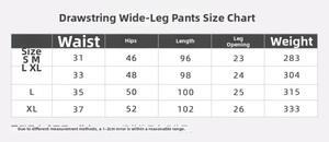 Size chart for high waist drawstring wide leg sports pants from size S to XL with measurements