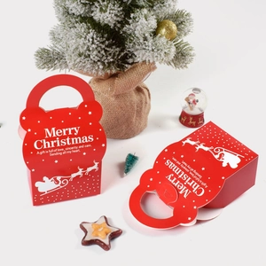 Red Christmas handle gift box for candy with Merry Christmas lettering and festive decor