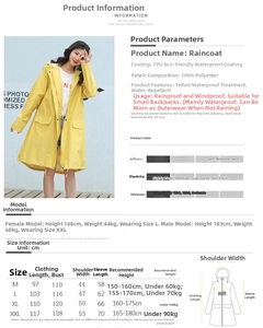 Detailed size chart for waterproof raincoat showing measurements in cm for sizes M to XXL