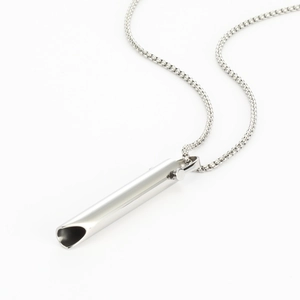 Mindfulness breathing pendant necklace in silver stainless steel on a white background