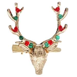 Three-piece gold reindeer antler hair clip set with festive red and green crystal beads