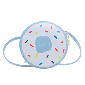 Cute sky blue donut shaped crossbody bag for girls with Hello print and floral patterns