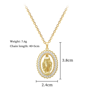 Detail view of oval Virgin Mary pendant with dimensions 3.8cm height and 2.4cm width