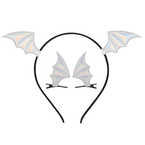 Laser silver bat wing headband and hair clips set with holographic finish for Halloween