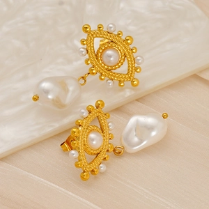 18K gold plated evil eye pearl drop earrings with baroque pearl accents for women