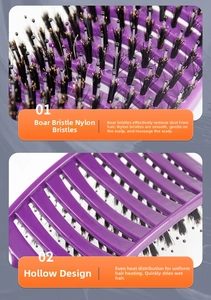 Detailed close-up of purple vented hairbrush with boar bristles and nylon pins