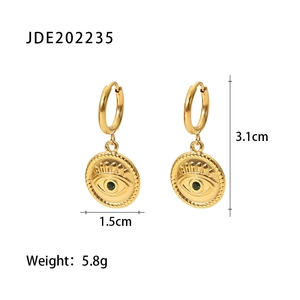 18K gold plated stainless steel evil eye disc earrings with green zircon accents