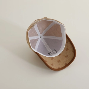 Detail of corduroy baseball cap interior showing bear patterns and reinforced lining