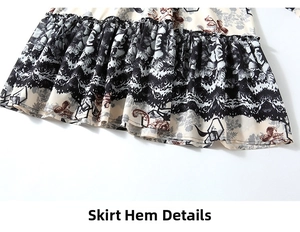 Détail de l'ourlet de robe en mousseline avec motifs dentelle noire et bord à volants