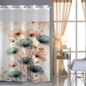 Detail of waterproof shower curtain with artistic floral watercolor print and grommet top