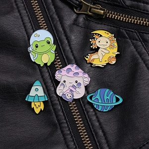 5pcs cartoon space enamel pin set with frog astronaut and mushroom on leather jacket