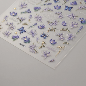 Adesivi per unghie 5D in rilievo con farfalle viola, lavanda e dettagli oro