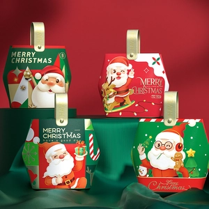 Set of four Merry Christmas gift boxes with gold handles and festive Santa designs