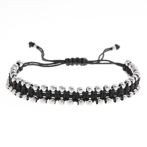 Bracelet tressé fait main en cordon noir avec perles réglables en acier inoxydable pour homme