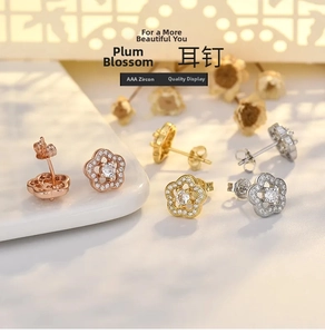 Detailed view of plum blossom earrings with AAA zircon in rose gold, gold and silver