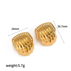 18k gold plated stainless steel shell earrings with pearls and size annotations
