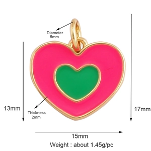 Colorful heart-shaped pendant in gold-plated brass with dimensions 15mm by 17mm