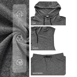 Men's dark gray hooded fitness tank top and shorts set with breathable knit texture