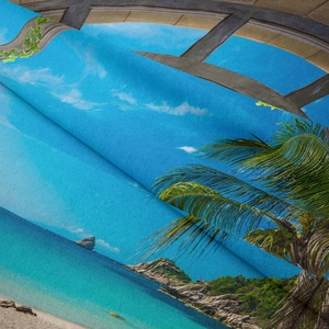 Vue détaillée de l'imprimé plage tropicale sur la texture du tissu de qualité