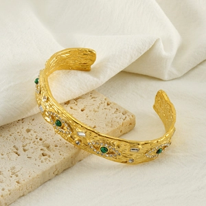 Retro gold lava texture open cuff bangle with green gemstone and zircon in titanium steel