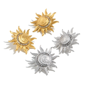 Minimalist 18K gold and silver celestial moon and sun stud earrings with white zircons