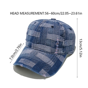 Detailed size chart for vintage patchwork denim baseball cap with frayed edges